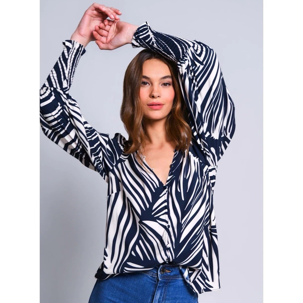 Hutch Margie Blouse Navy & Ivory Abstract Print Career Casual Chic Eclectic M